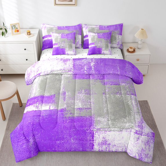 Contemporary Comforter Set King,Oil Painting Bed in A Bag for Men Women,Grunge Watercolor Bedding Sets,Vintage Purple Grey White Reversible Bed Sets with Sheet Set,7 Piece
