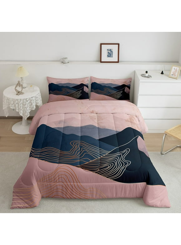 YST Contemporary Comforter Set for Women Men,Boho Mountain Sunset Bedding,Japan Style Bedding Comforter Sets Twin,Geometric Abstract Marble Lines Duvet Insert with 1 Pillowcase