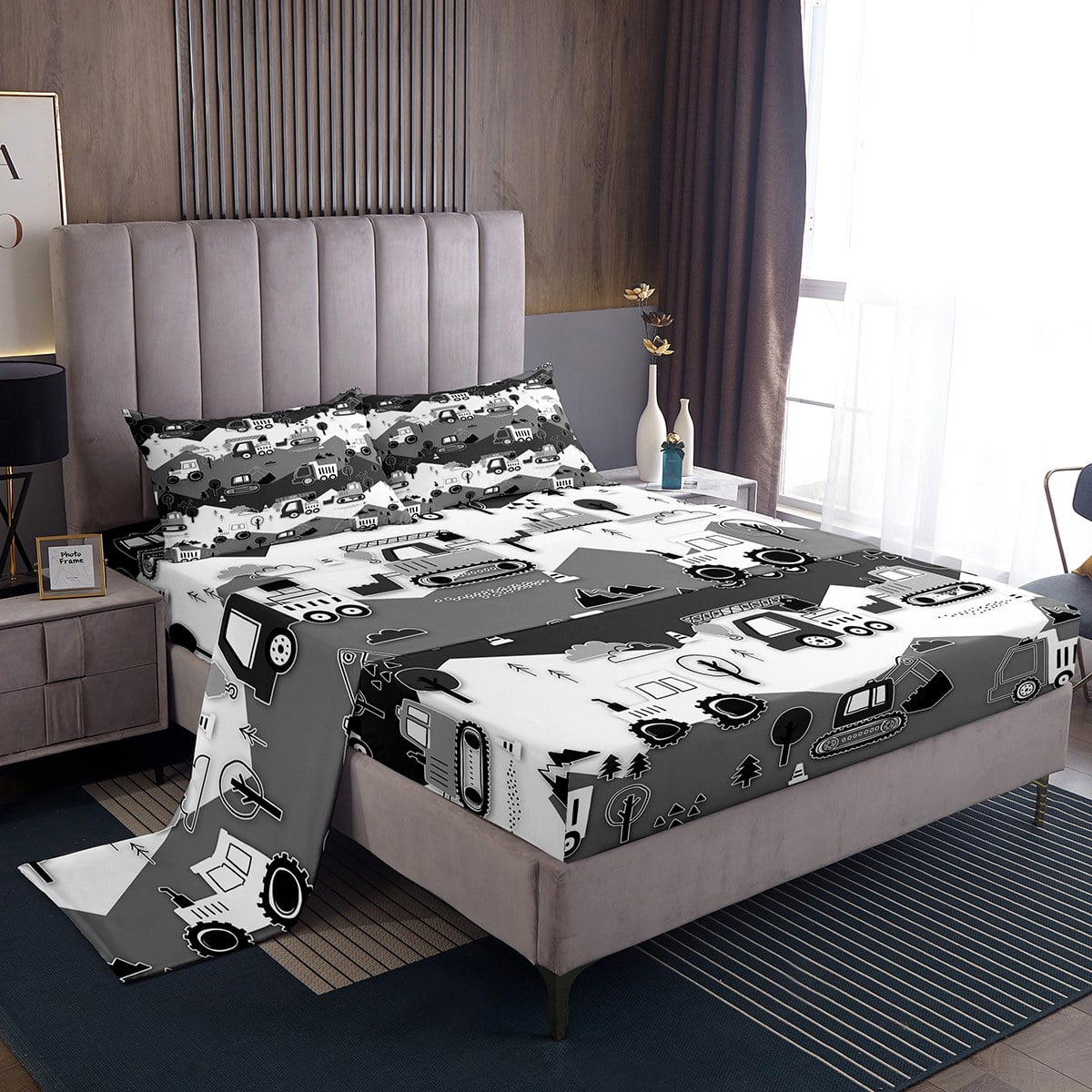 Erosebridal Cartoon Car Queen Sheet Set - 3Pcs Excavator Tractor Bedding For Boys, Reversible All Season - View #9