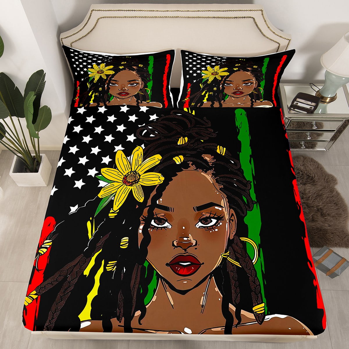 YST Cool Black Girls Bed Sheets Vintage American Flag Fitted Sheet Twin