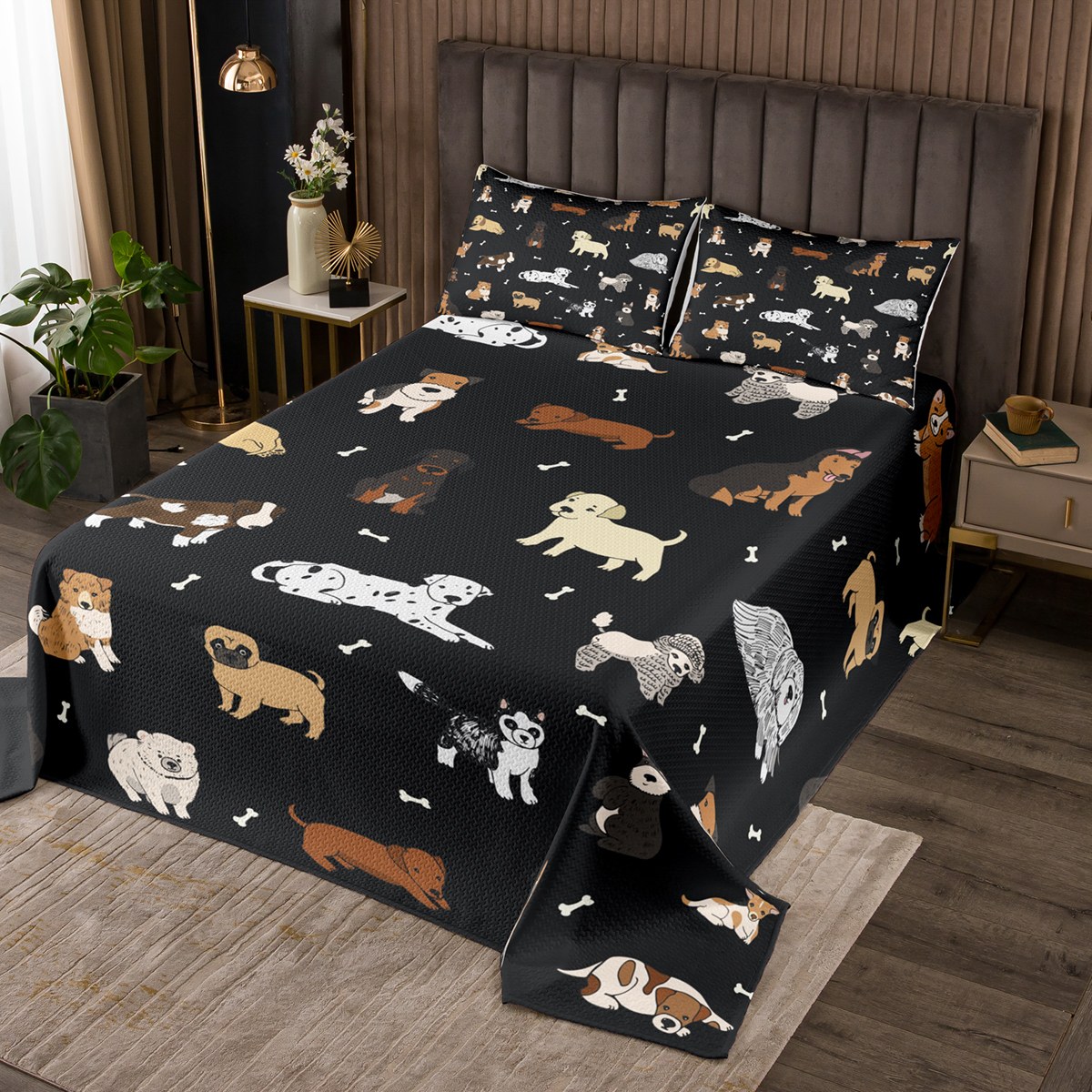 YST Dachshund Bedspread Twin Size Kids Black Quilt Set, Kawaii Animal Pet Coverlet Set