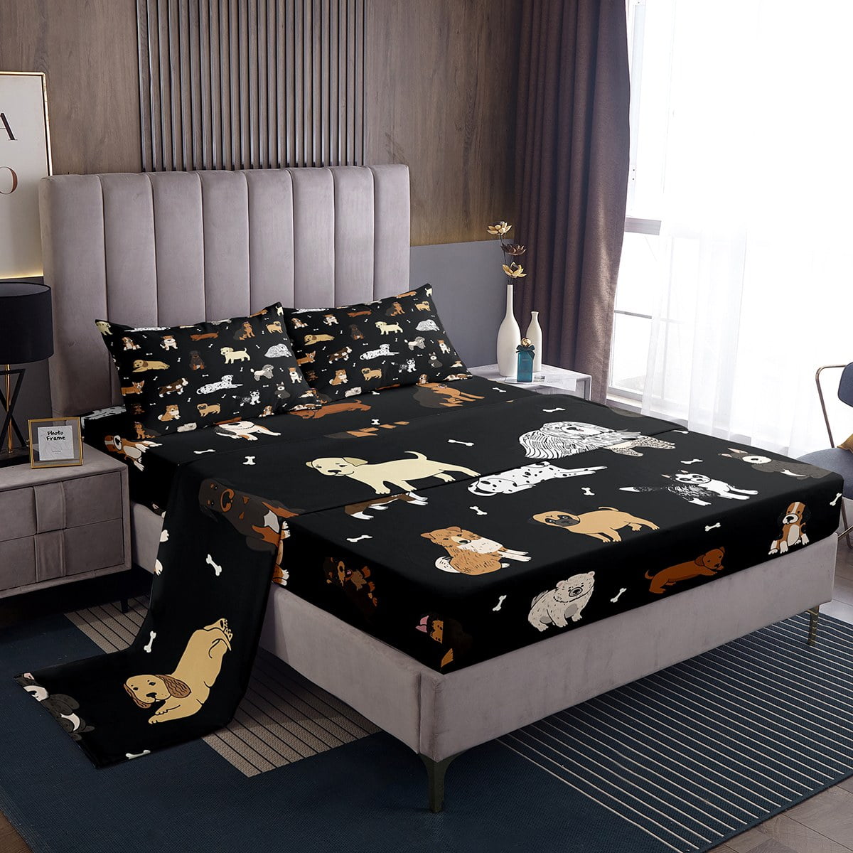 YST Dachshund King Sheets Kids Black Bed Set, Kawaii Animal Pet