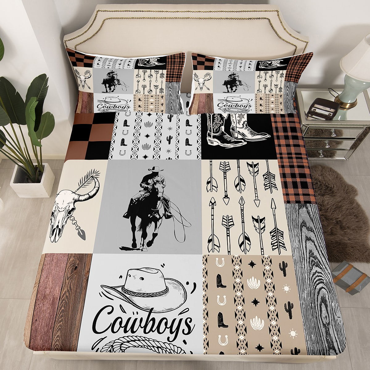 YST Country Western Bedding Set Retro Cowboy Horse Twin Fitted Sheet