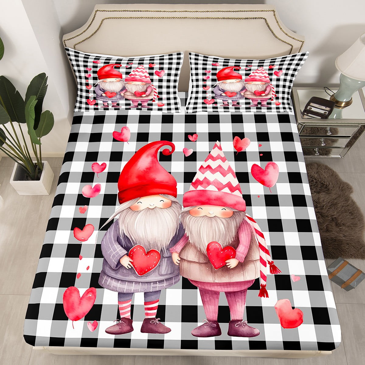 YST Couple Gnome Fitted Sheet Love Heart Twin Size Bedding Sets for