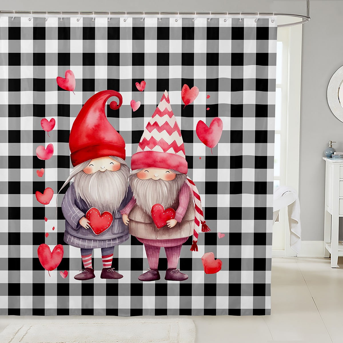 YST Couple Gnome Shower Curtain Love Heart Bathroom Shower Curtain Sets Happy Valentine's Day