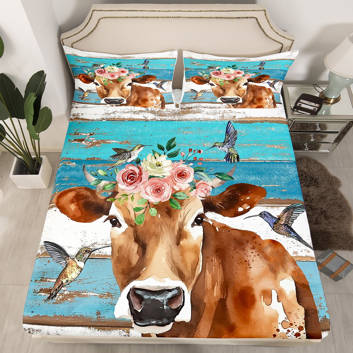 YST Cow Bed Sheets Rustic Wooden Plank Floral Cow Print Bed Set Twin