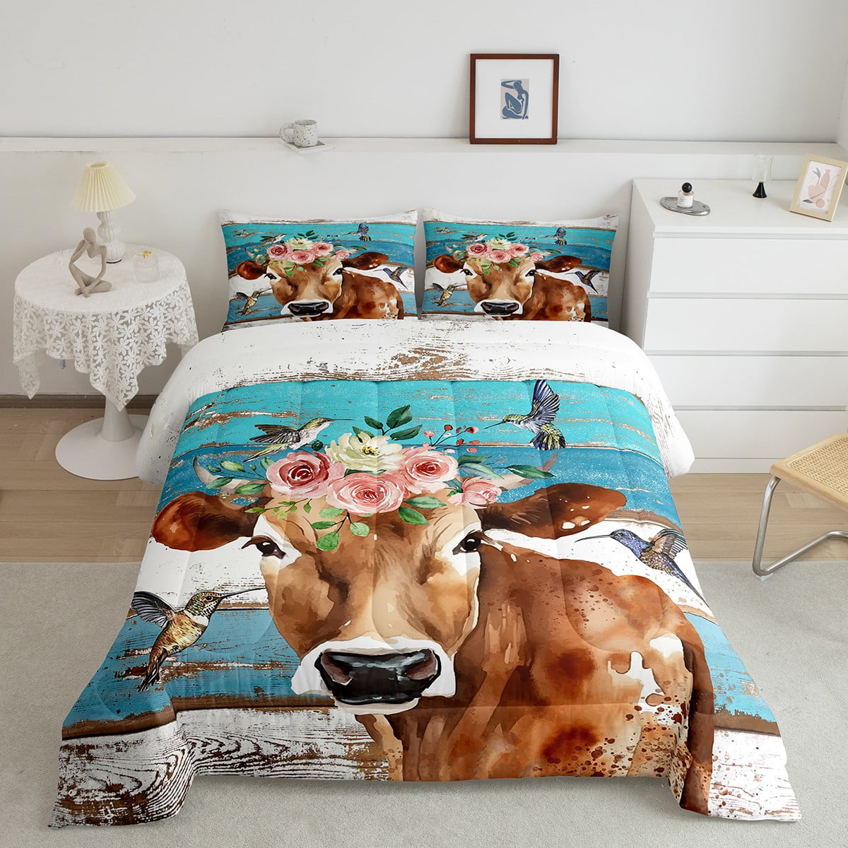YST Cow Comforter Set Rustic Wooden Plank Floral Cow Print Bedding King