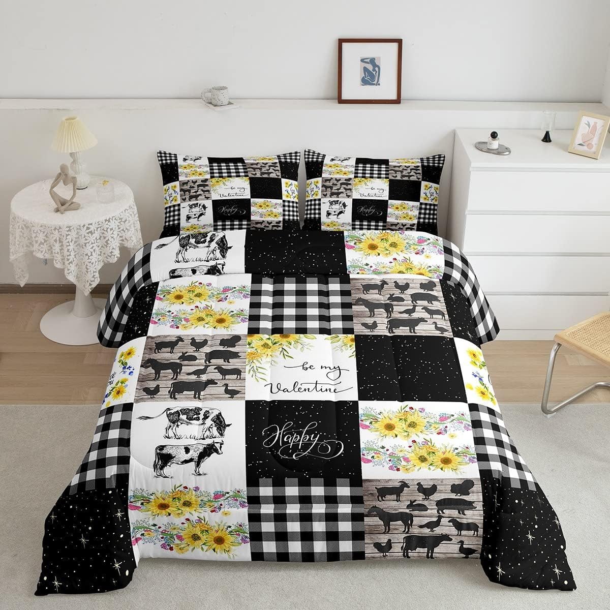 YST Cow Print Bedding King, Farm Cow Comforter Set Sunflower Decor