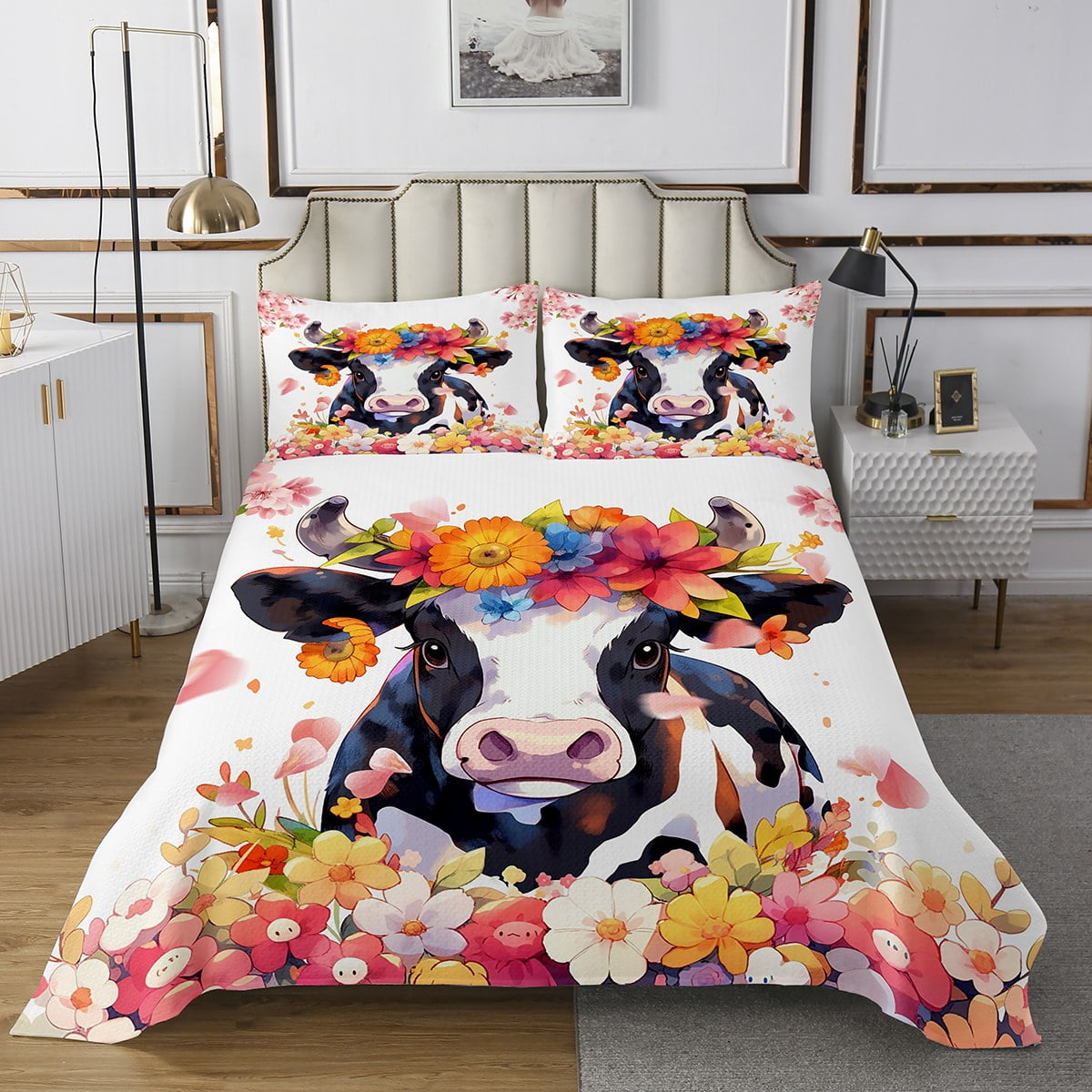 Feelyou Cow Print Comforter Set - Twin Size Bedding With Pillow Sham, Microfiber, Black White Pink Cartoon Design