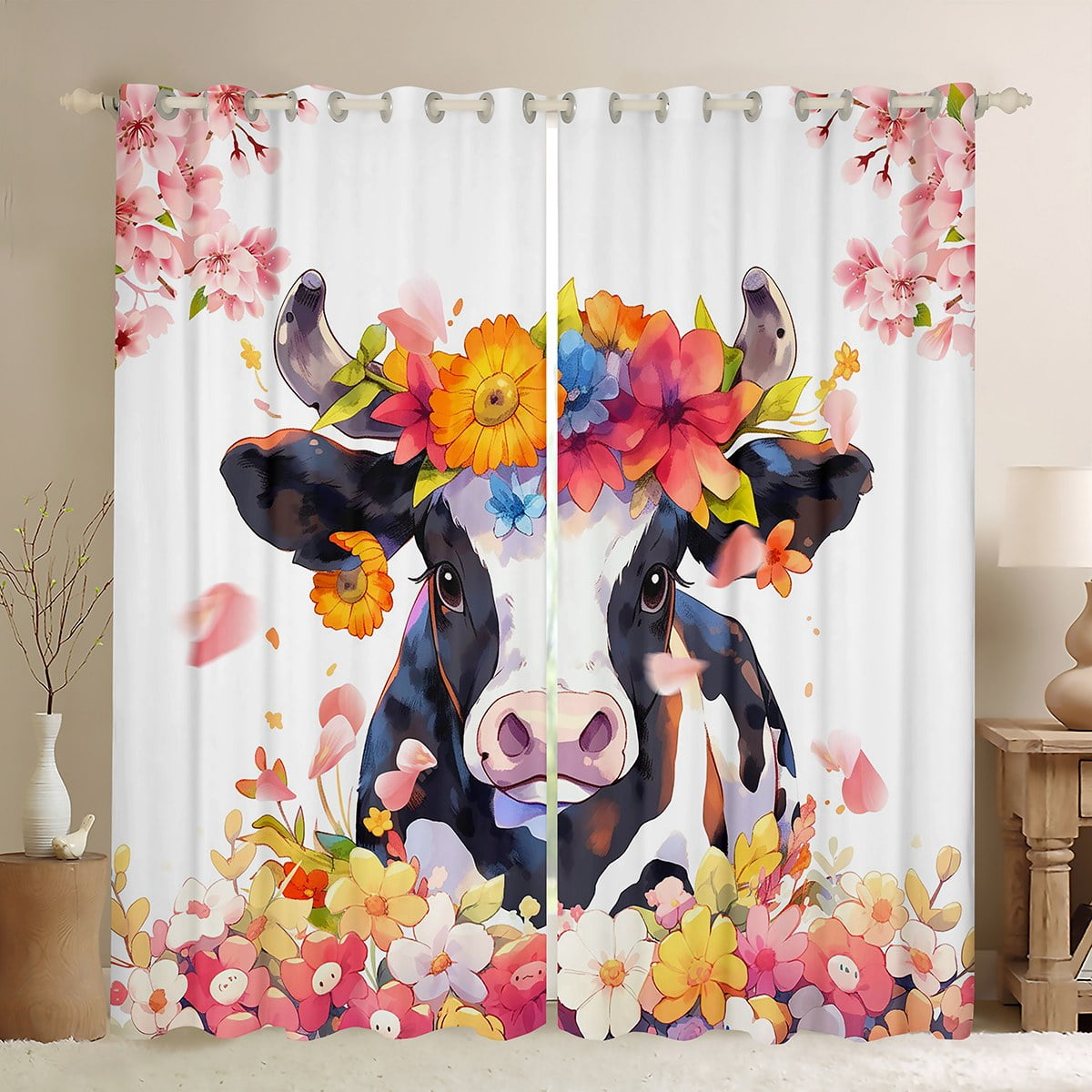 YST Cow Print Curtains & Drapes Cartoon Milk Cow Blackout Curtains ...