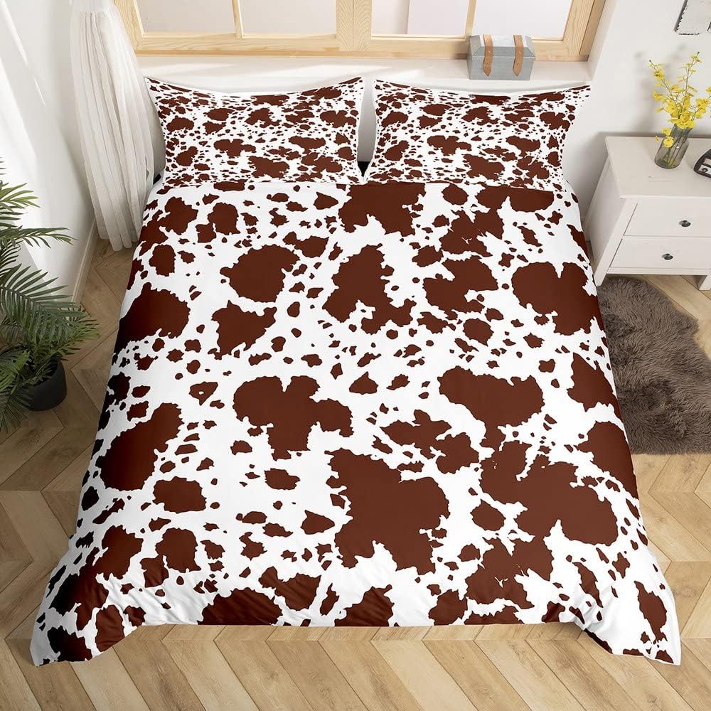 YST Cow Print Duvet Cover Twin Size,White Brown Cowhide Bedding Set