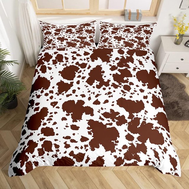 YST Cow Print Duvet Cover Twin Size,White Brown Cowhide Bedding Set