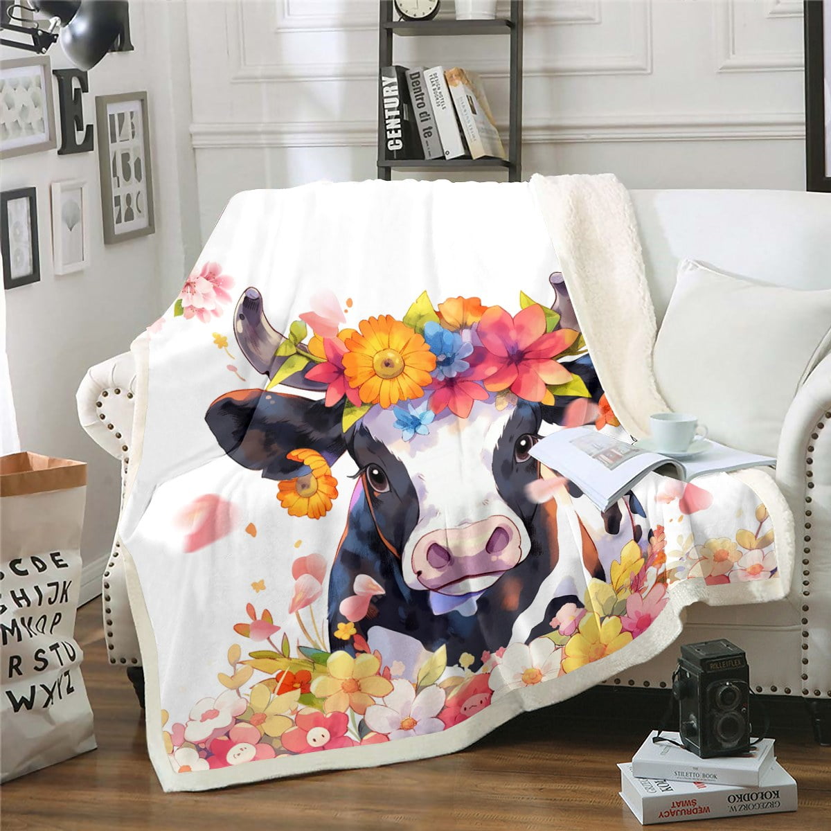 YST Cow Print Fuzzy Blanket Cartoon Milk Cow Fleece Blanket Rustic