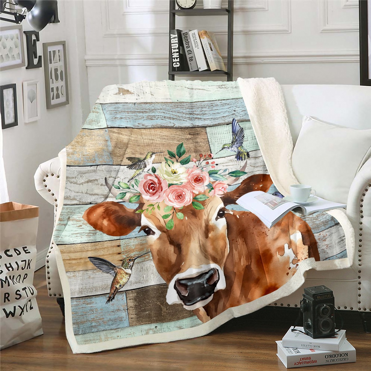 YST Cow Print Fuzzy Blanket Old Barn Door Wooden Decor Fleece Blanket