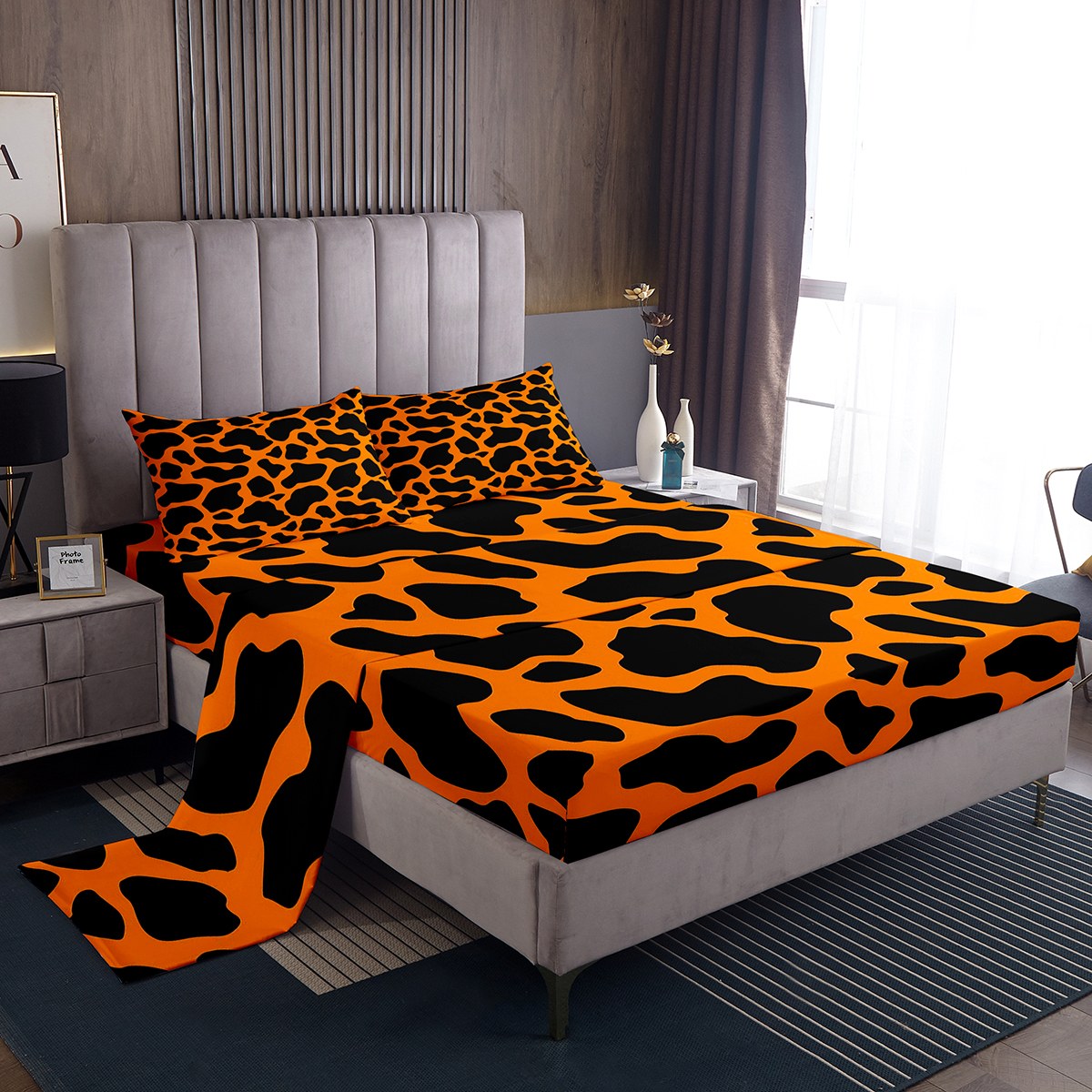 YST Cow Print King Sheet Set for Kids Boys Girls Cartoon Farm Animal Sheets, Black Orange Bed