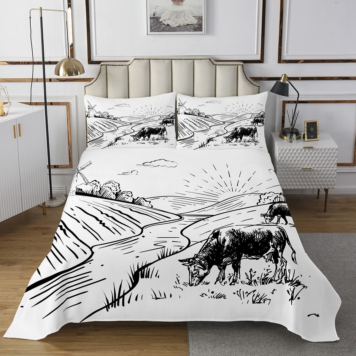 YST Cow Print Quilt Set for Kids Boys,Black And White Hand Drawn Style