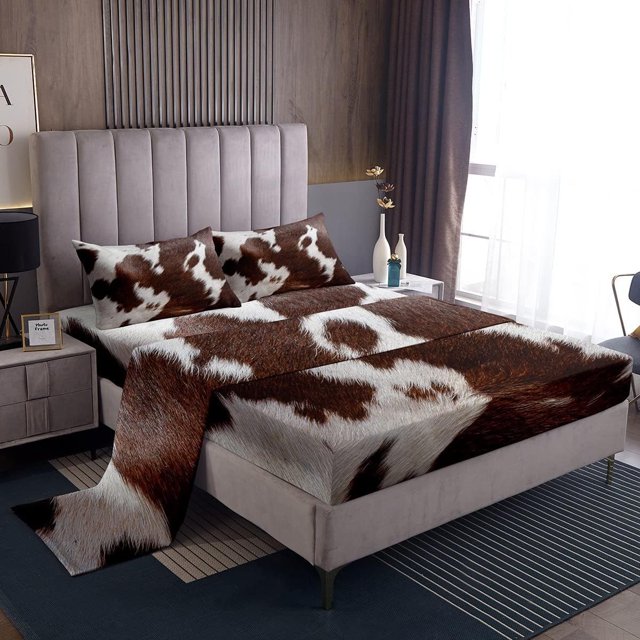 YST Cow Print Sheet Set, Brown White Cowhide Bed Sheets Queen for Kids