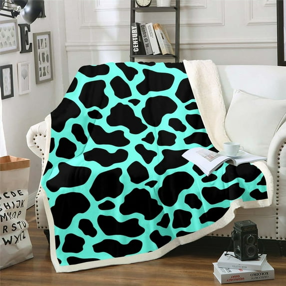 Cow Print Sherpa Blanket Kawaii Farm Animal Blanket, Black Teal Blue Throw Blanket for Chair Highland Cattle Bull Skin Fleece Blanket, Wildlife Hair Skin Plush Blanket