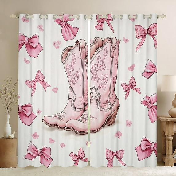 Cowboy Boots 30%-50% Blackout Curtains 84x90,Bow Knot Flowers Insulated Curtains,Cartoon Bows Printed Curtains & Drapes For Living Room Bedroom,White Pink Cute Shoes Window Curtains