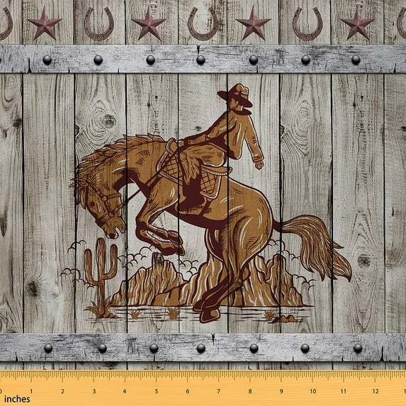 Cowboys Horse Fabric by the Yard for Western,Farmhouse Wooden Plank Patchwork Decorative Fabric,Horseshoe Texas Star Upholstery Fabric,Vintage Barn Door Board DIY Waterproof Fabric,10 Yards