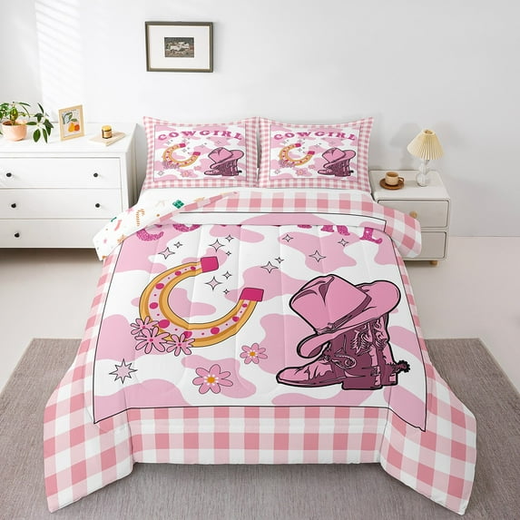 Cowgirl Bedding Queen Cowgirl Hat Boots Horseshoe Comforter Set Pink Farmhouse Buffalo Plaid Cow Print Down Comforter Women,Reversible Christmas Decor Quilt Duvet