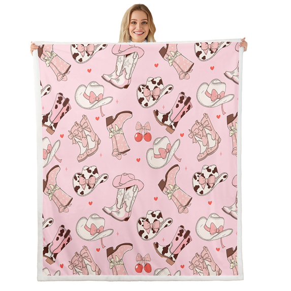 Cowgirl Boots 40"X50" Sherpa Blanket Kawaii Pink Bow Tie Throw Blanket Rustic Brown Cowhide Fleece Blanket Teens Cute Groovy Flowers Flannel Blanket For Bed Couch
