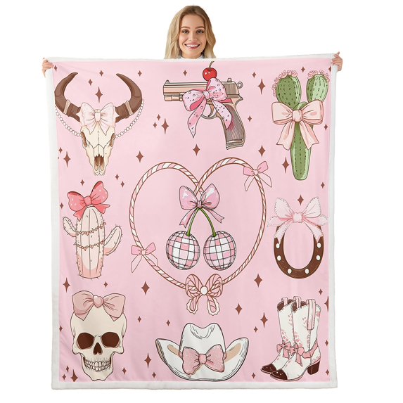 Cowgirl Fleece Blanket Twin 60"X80" Westren Princess Kawaii Bow Sherpa Blanket Woman Teens Bedroom Decor Pink Ribbon Bowknots Throw Blanket Sweet Bow Tie Fuzzy Blanket
