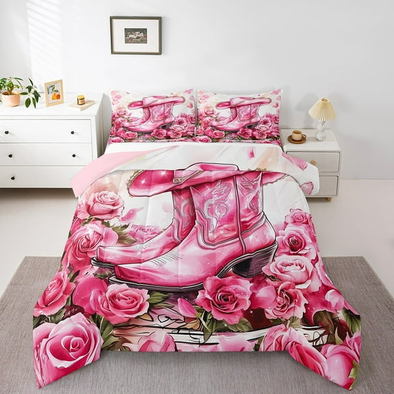 Cowgirl Down Comforter Western Cowgirl Bedding Set,Cute Cowboy Boot Hat Queen Comforter Set Teen Women,Kawaii Pink Rose Flower Duvet Insert 3 Pcs