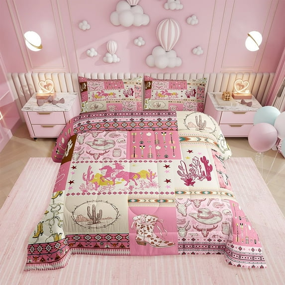 Cowgirl Pink Western Bedding Hand Drawn Sketch Illustration Full Size Comforter Sets Southwestern Hat Cactus Decor Bed Comforter Set Geometry Arrow Stripes Duvet Set