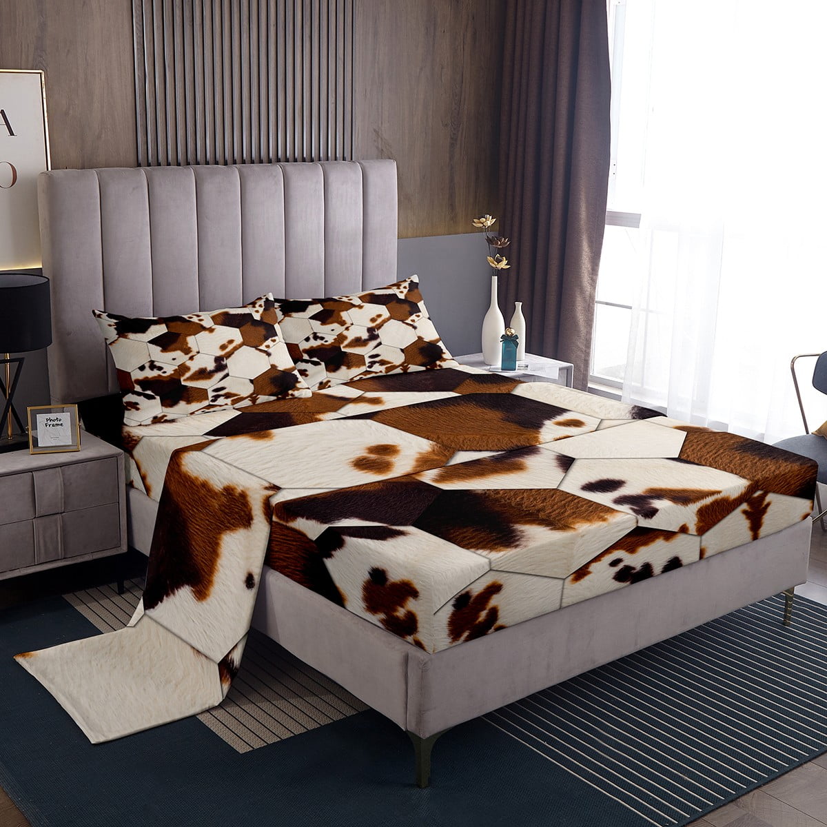 YST Cowhide Bed Sheets Set Highland Cow Print King Sheet Set for Boys