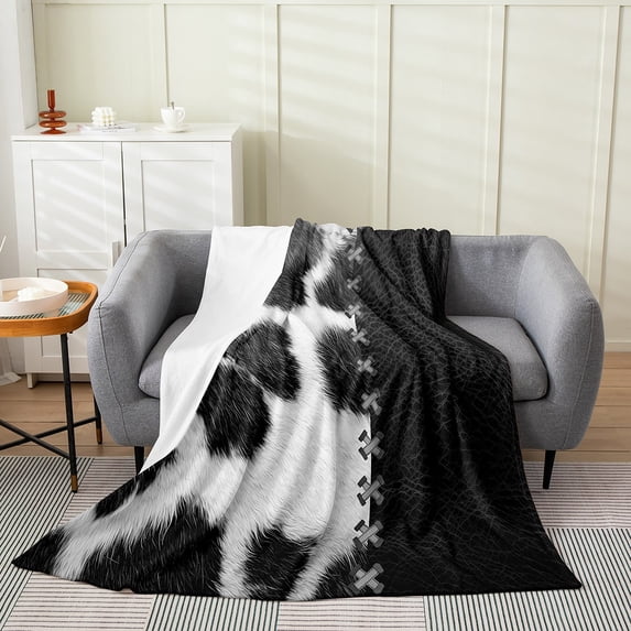 Cowhide Blanket Man,White Black Cow Throw Blanket 30x40 Inch,Farmhouse Animal Fleece Blanket Warm,Chic Cow Hair Skin Fuzzy Blanket for Living Room