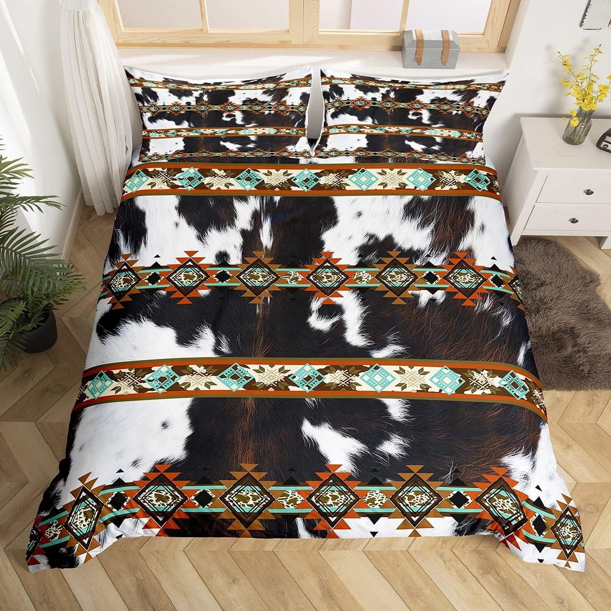 YST Cowhide Comforter Cover Black and White Highland Cow Print Duvet Cover,Western Bedding Sets