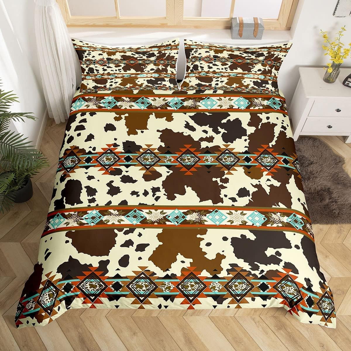 YST Cowhide Comforter Cover Brown Highland Cow Print Duvet Cover