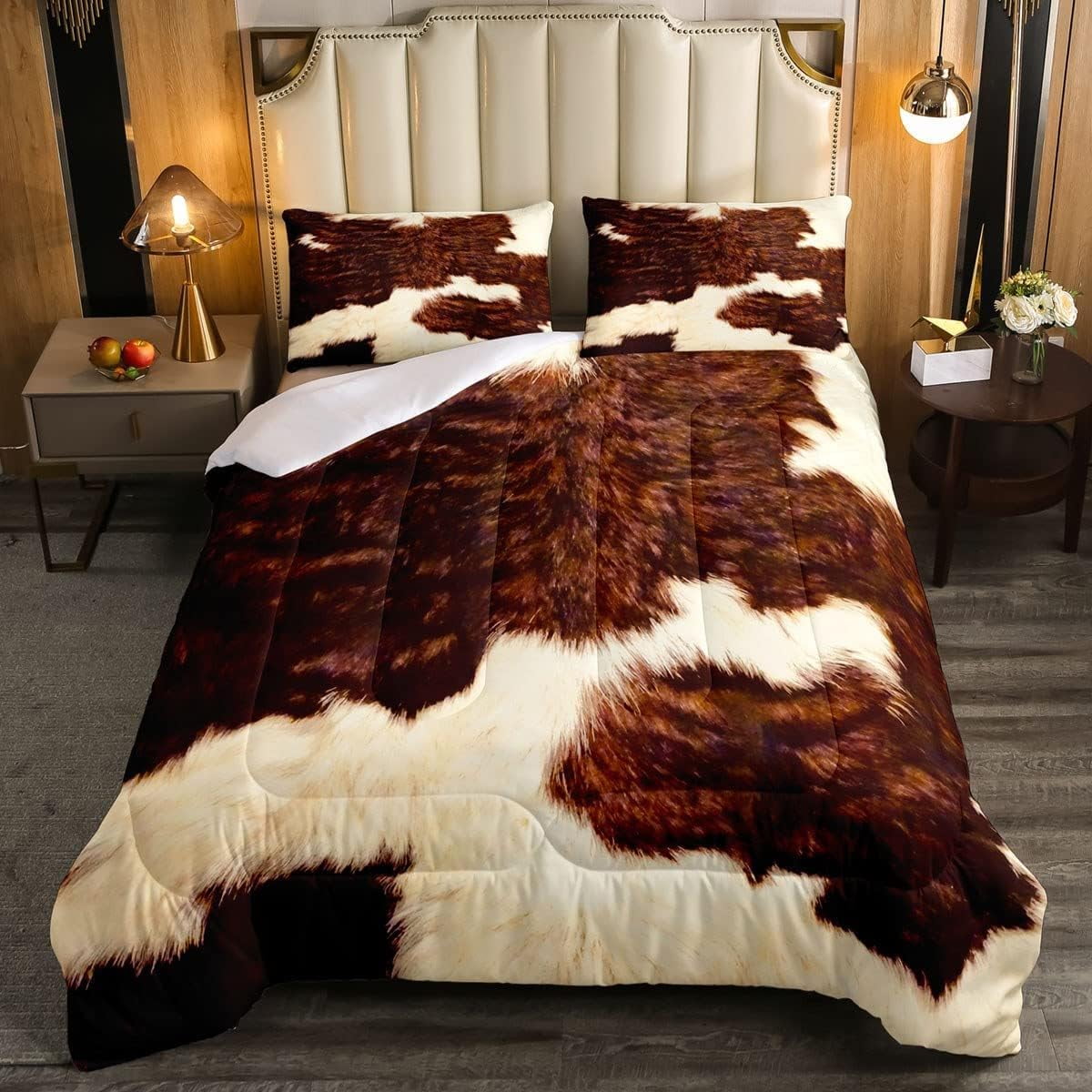 YST Cowhide Comforter Set Queen Size Brown Beige White Cow Print Down