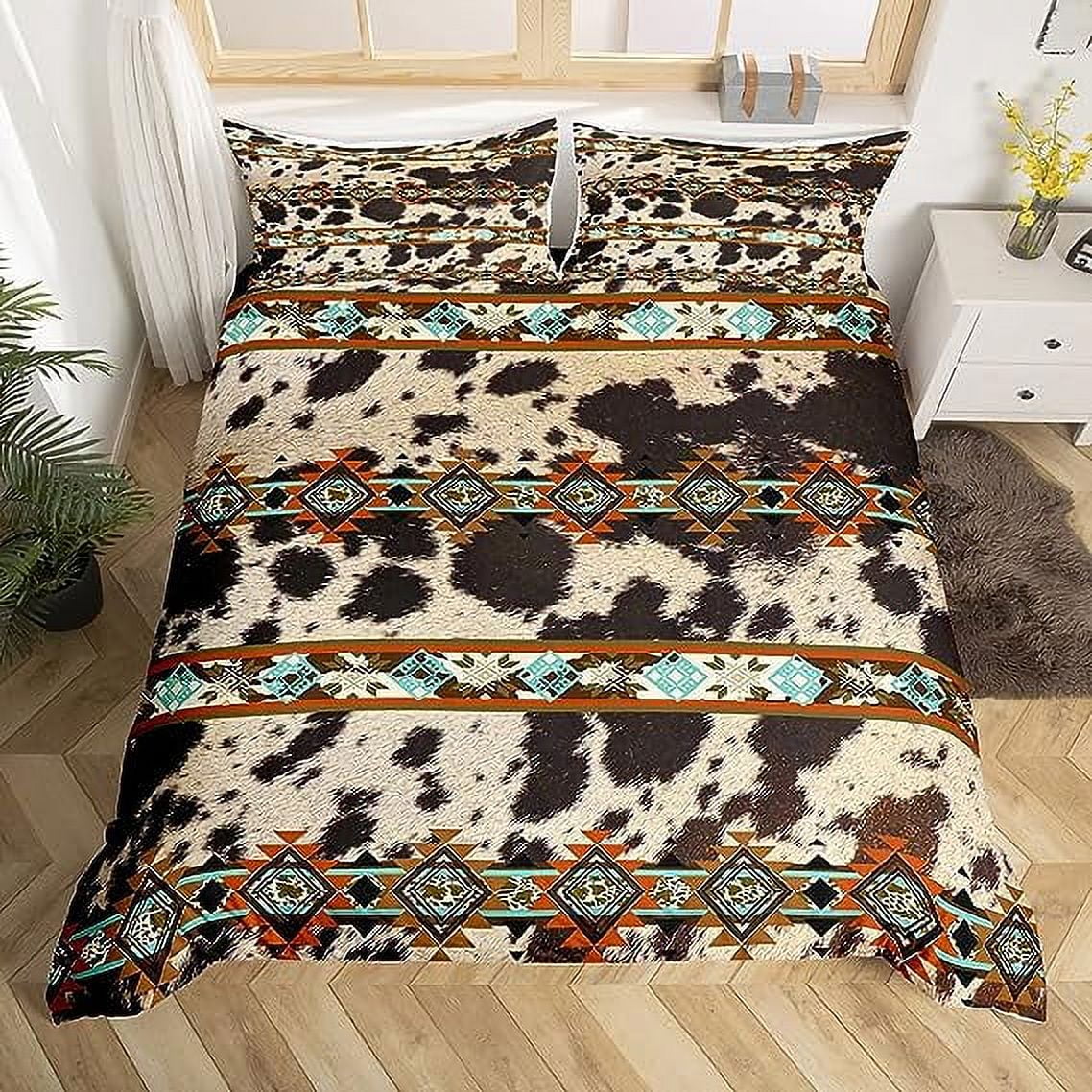 YST Cowhide Duvet Cover Western Bedding Set,Brown Highland Cow Print Comforter Cover Exotic