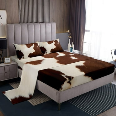 YST Cowhide Full Sheets Brown Beige Cow Printed Bed Set, Wildlife Hair Bed Sheets Set Western Aztec Sheet Set, Cowboy Cowgirl Bedding Set