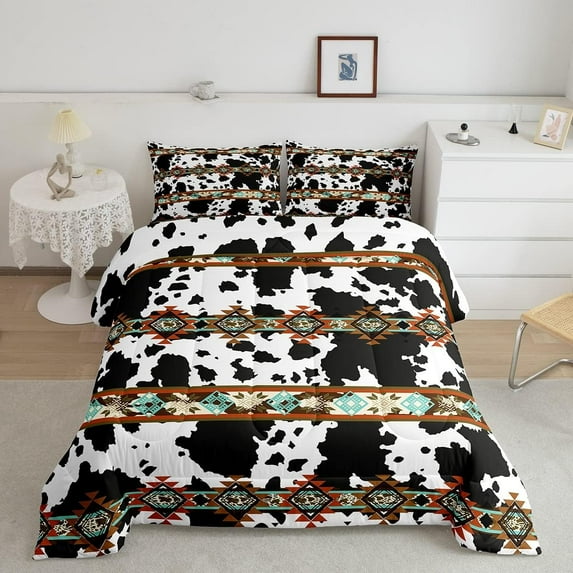 Erosebridal Cowhide Quilt Black and White Highland Cow Print Full Comforter Set,Western Bedding Set Exotic Aztec Duvet Insert,Farmhouse Wild Animals Longhorn Skin Room Decor Cowboys Gifts for Men