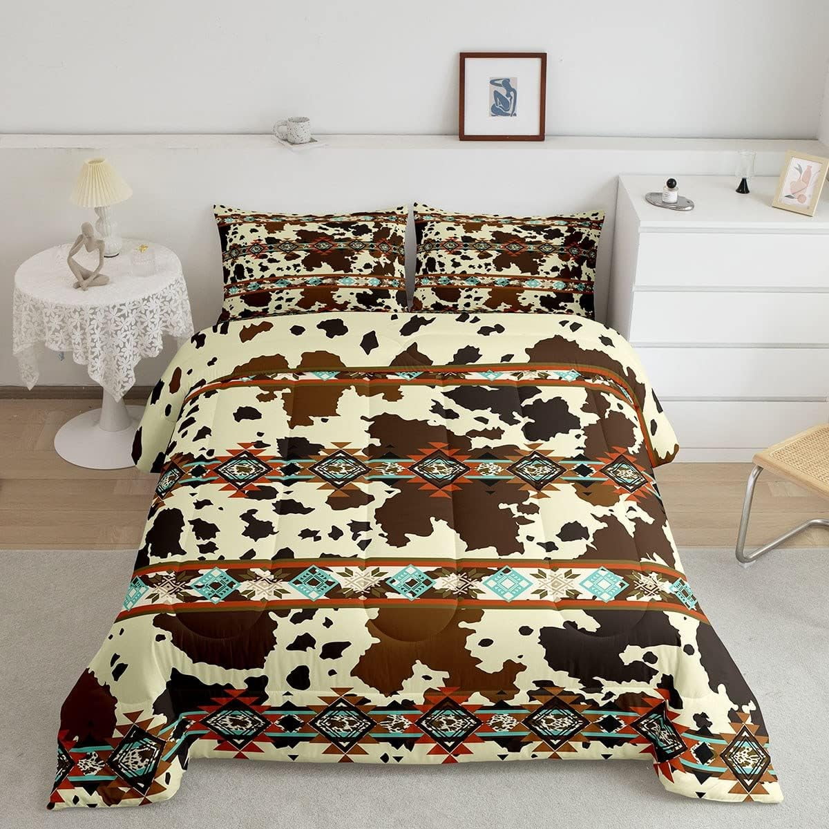 YST Cowhide Quilt Brown Highland Cow Print Queen Comforter Set,Western