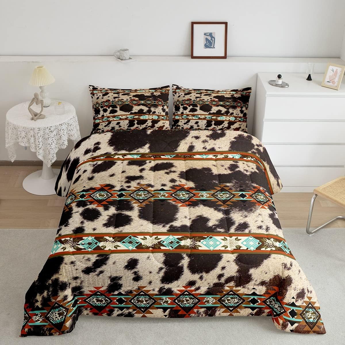 YST Cowhide Quilt Brown Highland Cow Print Queen Comforter Set,Western