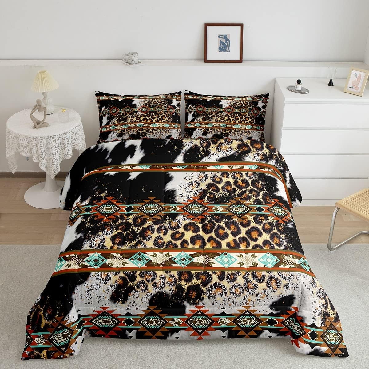 YST Cowhide Quilt Brown Leopard Print Twin Comforter Set,Western