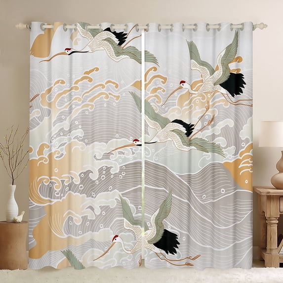 Crane Bird Curtains & Drapes Propitious Cloud Curtains, Grey Geometris Stripe Line 30%-50% Blackout Curtains Exotic Oriental Living Room Curtains, Japanese-Style Window Curtains Home Decoration