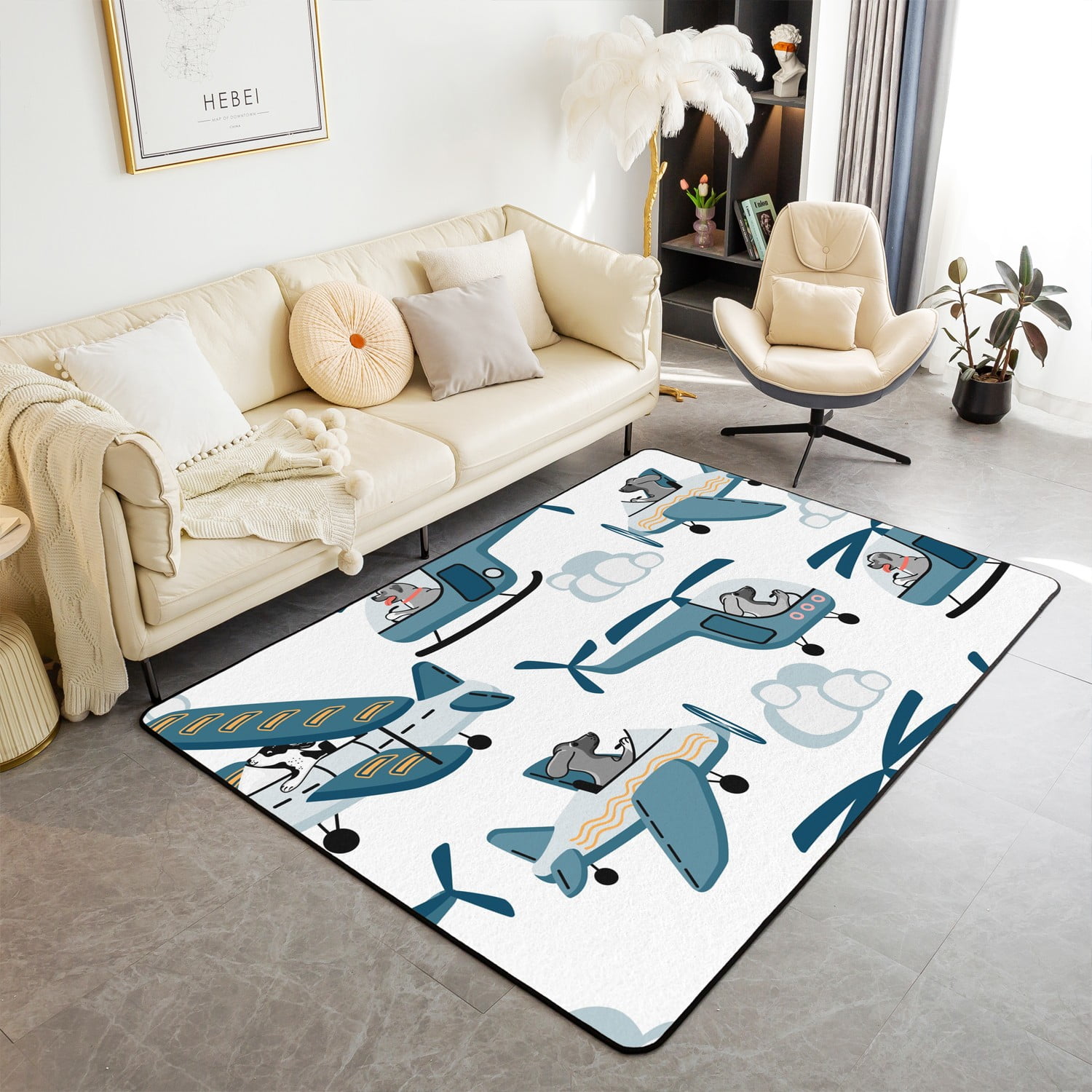 YST Cute Airplane Area Rug 5x7 for Toddler Boys,Funny Flying Aircraft