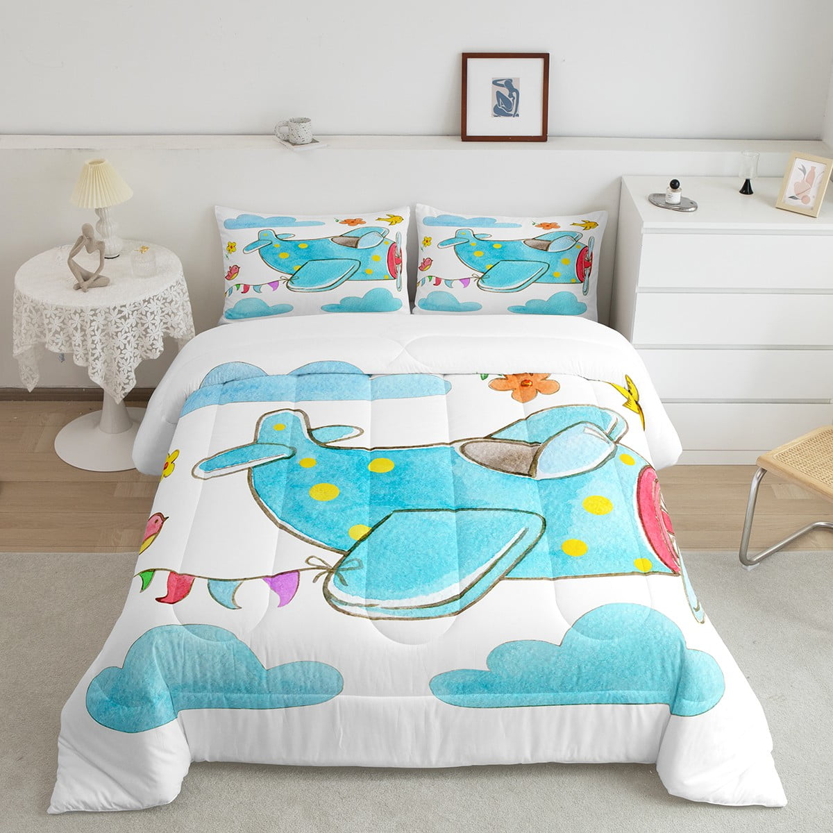 YST Cute Airplane Comforter Set Twin Size,Hand Drawn Style Flying Aircraft Bedding Set for Kids