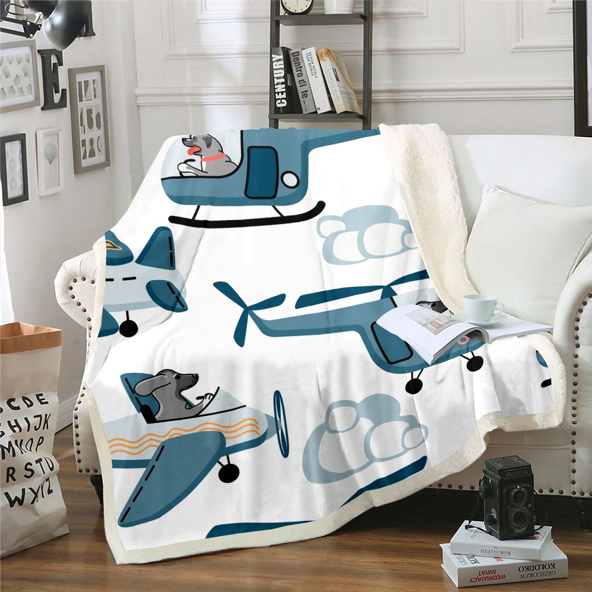 Kids Aircraft Sherpa Blanket - Cartoon Airplane Plush Throw, 60x80 Inch Twin Size, Soft Fleece & Sherpa