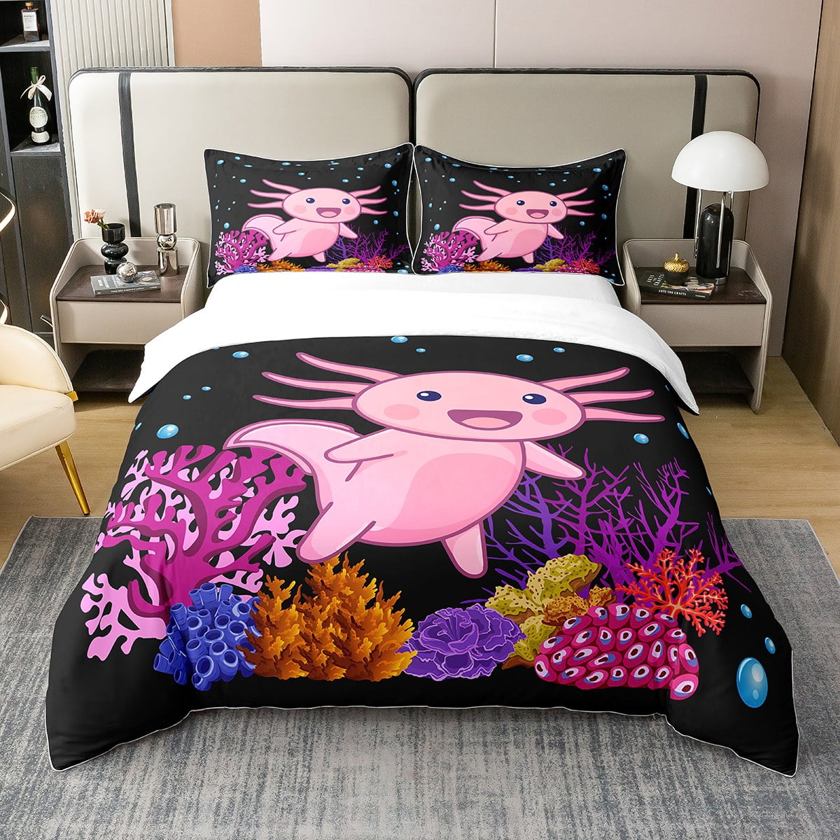 YST Cute Axolotl 100 Cotton Duvet Cover Full Size Coral Reef Underwater World Bedding Set