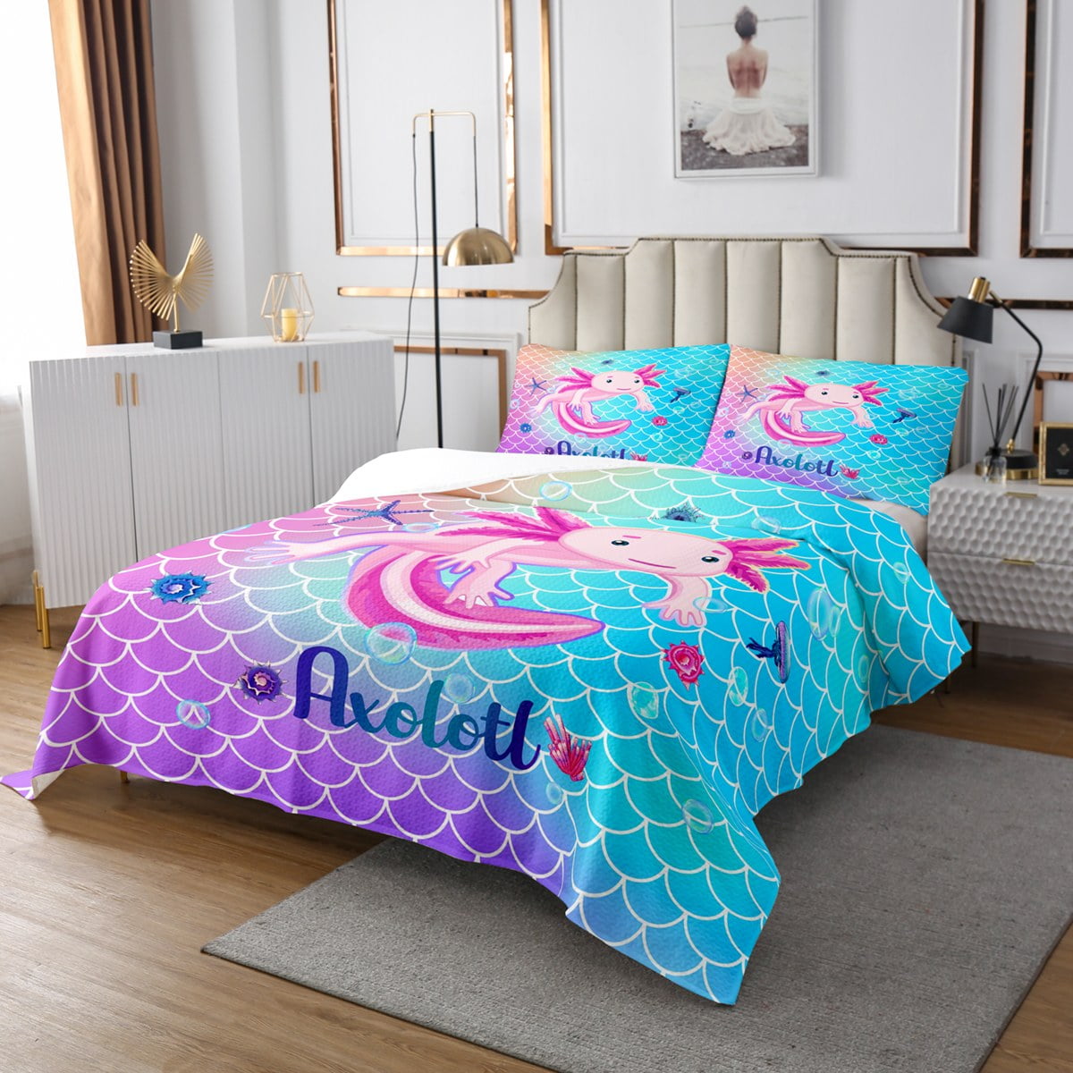 YST Cute Axolotl Coverlet Set Twin Purple Blue Mermaid Scales Quilt Set