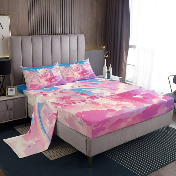 Erosebridal Cute Bear Bed Sheets Set 4pcs, Romantic Rainbow Love Heart Soft Luxury Queen Size Sheet Sets, Castle Princess Printed Bed Set For Bedroom, Pink Blue Clouds Microfiber Bedding