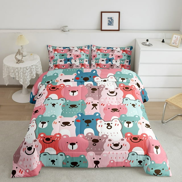 YST Cute Bear Comforter Set For Girls Boys, Kawaii Animal Bedding Set