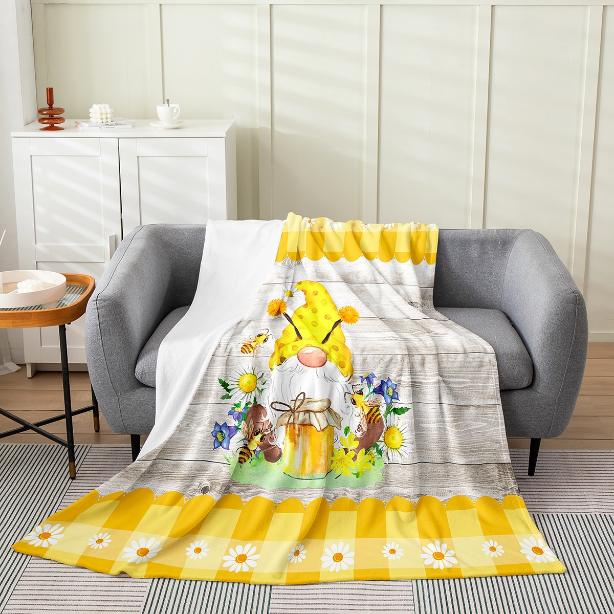 YST Cute Bee Gnome Fleece Blanket for Bed Couch,Yellow Kawaii Spring