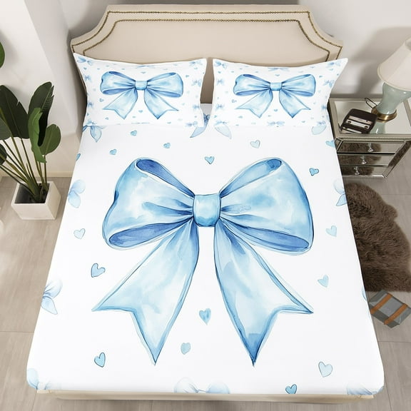 Cute Blue Bowknot Bedding Set Full Size Teen Women,Kawaii Dreamy Bow Fitted Sheet Princess Style Blue White Heart Decor Bed Sheets Soft Breathable Sheets 3 Pcs